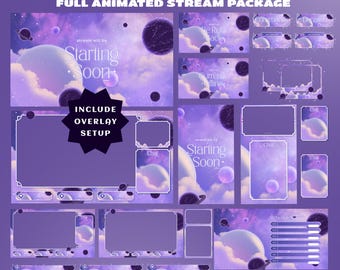 Planet Stream Overlay Bundle Vertical Overlay Fully Animated, Stream Schedule, TikTok Overlay, Purple Galaxy, Moon And Planet, Soft Cloud