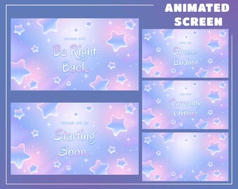 May include: Animated screen overlays with a pastel color scheme. The screens feature star and sparkle designs with text such as "Be Right Back," "Stream Ending," "Starting Soon," and "Currently Offline." The background is a gradient of blue, pink, and purple.