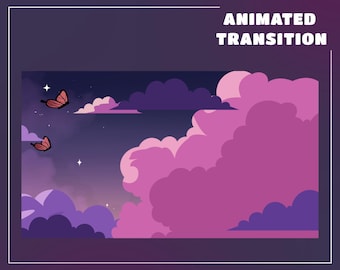 Butterfly Sky Stream Transition Overlay for Streamers – Fully Animated, Purple Pink Overlay, Butterfly Twitch Transition, Cloud Transition