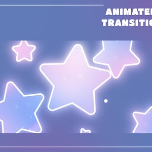 以下が含まれることがあります： ピンクとブルーの色合いで光る星がいくつか描かれたアニメーション遷移グラフィック。星は白いアウトラインで、グラデーションの背景に配置されています。「ANIMATED TRANSITION」というテキストが上部にあります。