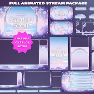 May include: A digital stream package featuring a purple and blue gradient theme with hydrangea flowers and hanging wind chimes. The set includes various overlays, screens with text like Starting Soon, Be Right Back, and Stream Offline, and panels.