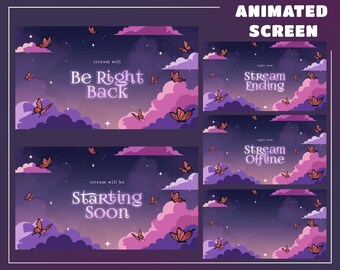 Butterfly Sky Stream Screen Overlay for Streamers – Fully Animated, Twilight Overlay, Pastel Screen, Purple Pink Overlay, Cloud Element
