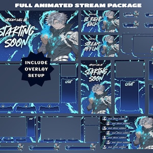 Può includere: Un pacchetto di streaming animato completo con un tema blu e bianco. Il pacchetto include configurazioni di overlay, chat box e schermate animate con il testo "Starting Soon", "Be Right Back" e "Stream Offline".