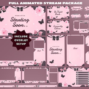 May include: A full animated stream package featuring a pink and dark gray color scheme with floral, butterfly, and bow motifs. The set includes various overlays, screens with text like Starting Soon, Be Right Back, and Currently Offline, and chat boxes.