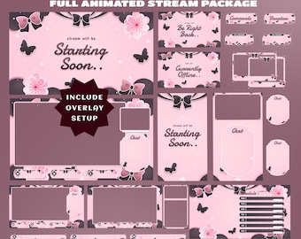 Sakura Ribbon Stream Overlay Bundle, Vertical Overlay Fully Animated, Pink coquette Twitch, Elegant Bow And Floral, Large Black Butterfly