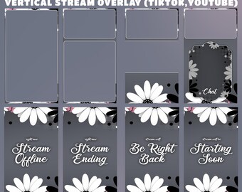 Sovrapposizione per stream TikTok con onde di margherite funky, grafica rilassante, tonalità scure e delicate, stile monocromatico per Twitch, minimalismo moderno, branding per stream, sovrapposizione con fiori di margherita