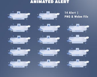 May include: Animated alert graphics in a blue and white color scheme. The image features 14 different alert designs with text such as "Superchat", "New Follower", and "New Raid". The text "14 Alert | PNG & Webm File" is also included.