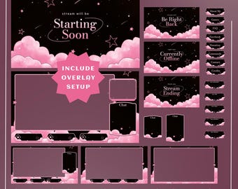 Starlit Clouds Stream Overlay for Streamers – Fully Animated + Setup Included, Pink Cloud Overlay, Starry Night Overlay, Dreamy Overlay