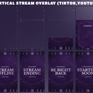 May include: A dark purple vertical stream overlay set for TikTok and YouTube, with silver accents. The design includes screens for different stream statuses, with text like "Stream Offline", "Stream Ending", "Be Right Back", and "Starting Soon".