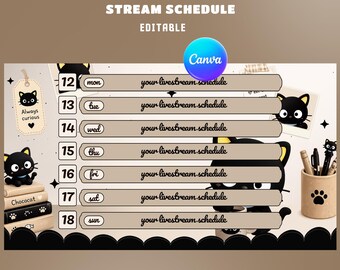 Cozy Whiskers Stream Schedule Overlay, Editable Canva, Casual Scrapbook Placement, Layered Photo Cards, Cat Mascot Illustrations, Black Book