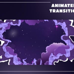 May include: An animated transition graphic featuring a night sky scene. The design includes purple clouds with white outlines framing a dark blue background filled with stars and a shooting star. The text "ANIMATED TRANSITION" is at the top.