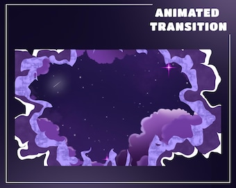 Sovrapposizione di transizione del flusso di paesaggio notturno viola per gli streamer: completamente animato, cielo notturno viola rosa, nuvole sognanti, transizione di notte stellata