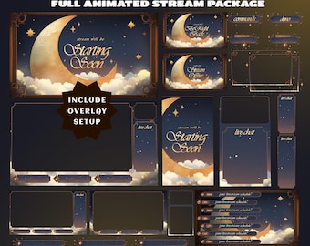 Starlit Crescent Stream Overlay Bundle – Vertical Twitch + Fully Animated, Stream Schedule, TikTok Vtuber, Crescent Moon Theme, Misty Clouds