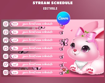 Sovrapposizione del programma di streaming Pink Blossom Love per streamer Canva modificabile - Programma Twitch pastello, programma coniglietto carino, tema cuore e farfalla
