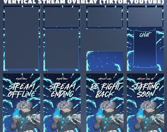Ethereal Blue Flame TikTok Stream Overlay Pack – Fully Animated, Pastel Vertical Animated Package, Anime Boy Design, Magic Blue Fire