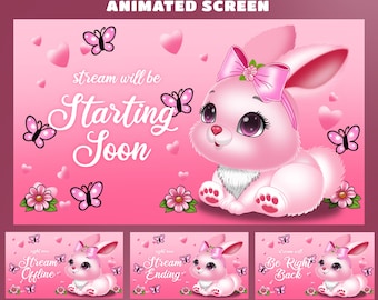 Sovrapposizione dello schermo Pink Blossom Love Stream per gli streamer: completamente animato, streaming rosa e bianco su Vtuber, design di San Valentino, coniglietto carino, tema a forma di cuore