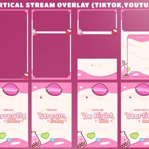May include: A set of vertical stream overlays for TikTok and YouTube featuring a pink color palette with boba tea and cupcake graphics. The designs include frames for chat and video, plus status screens labeled Currently Offline, Stream Ending, Be Right Back, and Starting Soon.