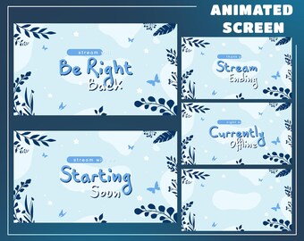 Schermo sovrapposto con ruscello da giardino a farfalla per streamer: completamente animato, sovrapposizione di ruscello blu, design di sovrapposizione della natura, farfalla carina kawaii