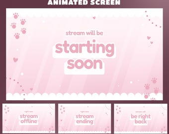 Sweet Paws Stream Screen Overlay for Streamers – Fully Animated, Pastel Pink White Vtuber, Paw Print Overlay, Heart Design, Soft Bubbles