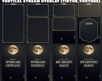 Sovrapposizione per stream TikTok "Moonlit Grace", blu notte, luna dorata, cielo notturno scuro, forme di stelle minimaliste, nuvole a vortice decorative, Premium