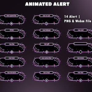 May include: A set of 14 digital animated alert overlays featuring a black rectangular frame with glowing pink neon borders, cat-themed accents, and small star motifs. The text reads ANIMATED ALERT, 14 Alert | PNG & Webm File, and various labels.
