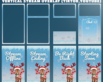 Christmas Reindeer Character TikTok Stream Overlay Pack – Fully Animated, Christmas Overlay, Cute Reindeer, Blue Vertical Animated Package