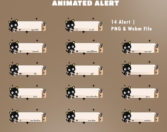 Cozy Whiskers Animated Stream Alert Twitch Overlay, Cat Pose, White Photo Borders, Brown Book Covers, Multiple Pencils, Mini Reminder Card