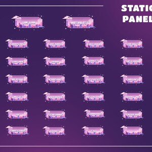 May include: A collection of pixelated static panels with various social media and informational labels, including "TikTok," "Wishlist," "Snapchat," and "Giveaway." The panels feature a cityscape design with a purple and pink color scheme.