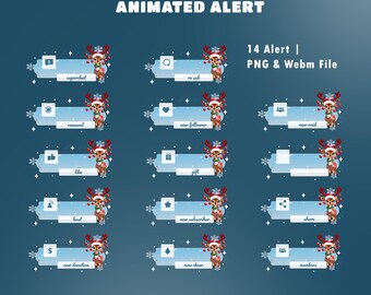 Christmas Reindeer Character Stream Alert Overlay for Streamers – Fully Animated, Christmas And Winter Twitch, Reindeer Vtuber, Blue Overlay