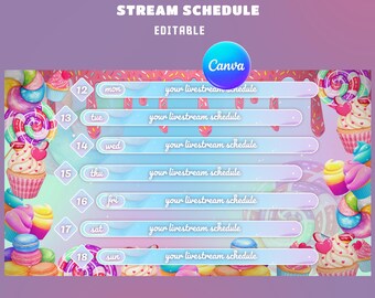 Candy Wonderland Stream Schedule Overlay, Editable Canva, Swirl Rainbow Lollipops, Spiral Hard Candy Accents, Sweet Donut Decorations