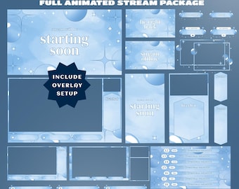 Pacchetto di overlay per stream Sky Bubbles, overlay verticale completamente animato, sfumatura blu, scintillio delicato, kit di overlay per Twitch, design fluido, chat dal vivo