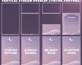 Moonlit Hills TikTok Stream Overlay Pack – Fully Animated, Purple pink Vertical Animated Package, Moon Starry Night Overlay, Cloud Vibes