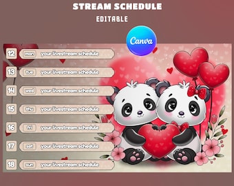 Sovrapposizione del programma di streaming di Sweet Valentine per streamer Canva modificabile - Programma Twitch pastello, Programma coppia di panda carini, Fiori di San Valentino