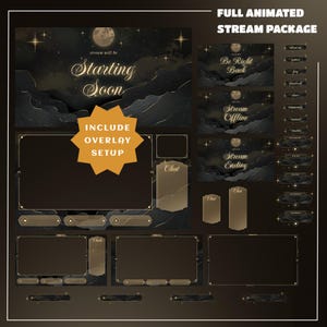 Lunar Goldscape Stream Overlay for Streamers – Fully Animated + Setup Included, Dark Gold Overlay, Night Mountain Design, Moon Cloud Overlay