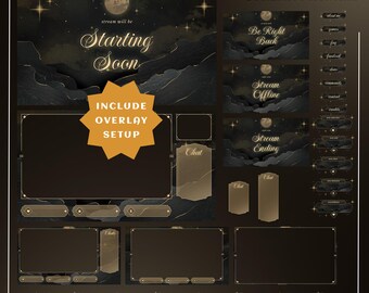 Sovrapposizione di flusso Lunar Goldscape per streamer: completamente animata + configurazione inclusa, sovrapposizione oro scuro, design di montagne notturne, sovrapposizione di nuvole lunari