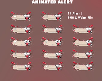 Overlay di avviso di streaming di Sweet Valentine per gli streamer: completamente animato, overlay di San Valentino, Vtuber rosa e rosso, coppia di panda carini, fiori d'amore
