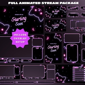 May include: A full animated stream package featuring a dark purple and black theme with neon pink cat outlines, stars, and moons. The set includes overlays for Starting Soon, Be Right Back, Currently Offline, chat boxes, and schedule templates.