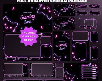 Neon Cat Stream Overlay Bundle Vertical Overlay Fully Animated, Neon Pink And Purple Aesthetic, Crescent Moon Icons, Floating Light Effects