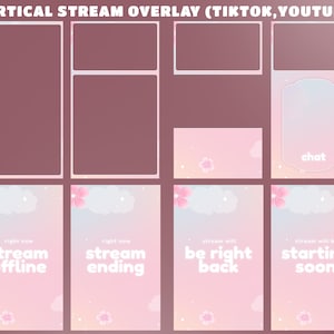 Peut inclure: Ensemble de superposition numérique pour le streaming sur TikTok et YouTube, avec une palette de couleurs rose et blanche. L'ensemble comprend des cadres, des boîtes de chat et des écrans d'état avec du texte comme "Stream Offline" et "Starting Soon."