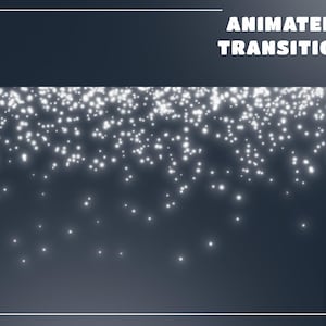 May include: A dark blue background with white text that reads "ANIMATED TRANSITION". The image features a cascade of glowing white particles, creating a dynamic visual effect. The particles are concentrated at the top and gradually disperse downwards.