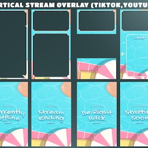 May include: A digital stream overlay set for TikTok and YouTube featuring a swimming pool theme with light blue water, pink and white striped umbrellas, and various frames. Text includes VERTICAL STREAM OVERLAY, Chat, Currently Offline, Stream Ending, Be Right Back, and Starting Soon.