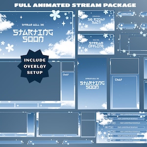 May include: A full animated stream package with a sky blue theme. The package includes various overlay elements, such as chat boxes, stream status indicators, and a schedule. The design features clouds, stars, and floral accents, with Japanese text.
