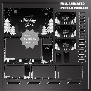 Puede incluir: Un paquete de transmisión animado en blanco y negro con un tema de invierno. El paquete incluye superposiciones para "Starting Soon", "Be Right Back", "Stream Offline" y "Stream Ending". El diseño presenta árboles estilizados y copos de nieve.