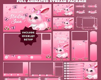 Pacchetto di sovrapposizioni di streaming Pink Blossom Love - Twitch verticale + completamente animato, programmazione streaming, TikTok Vtuber, coniglietto carino, cuore e farfalla
