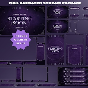 May include: A full animated stream package with a dark purple and silver celestial theme. The package includes various overlay setups, starting soon screens, offline screens, and live chat displays. Text includes "Starting Soon", "Be Right Back", and "Stream Offline".