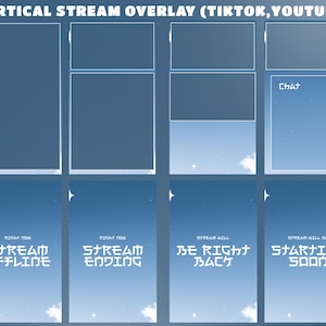Może przedstawiać: Grafika cyfrowa z tekstem "VERTICAL STREAM OVERLAY (TIKTOK, YOUTUBE)". Obraz zawiera kilka szablonów nakładek strumieniowych pionowych z niebieskim niebem i tłem chmur oraz japońskim tekstem.
