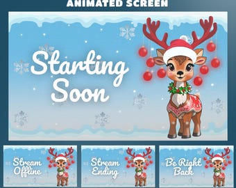 Christmas Reindeer Character Stream Screen Overlay for Streamers – Fully Animated, Reindeer Vtuber, Christmas Stream, Blue And Red Twitch