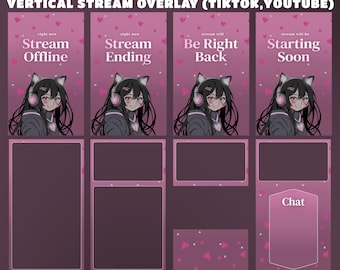 Rosa Kawaii animierte Stream Overlay, Rosa Herz Valentine, süßer Liebesstrom, Zarte Rosa Liebe, Vertikale TikTok Twitch Paket Lovely Neko