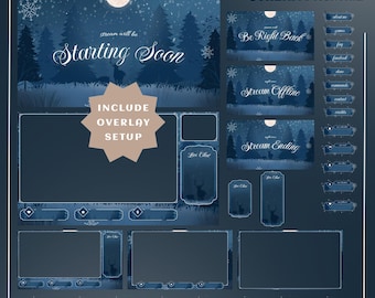 Midnight Winter Stream-overlay, Mystic Forest Vtuber-thema, Winter Night Forest Stream-overlaypakket, maanlichtnacht geanimeerde Twitch Vtuber