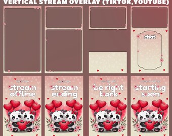 Pacchetto di sovrapposizioni di streaming TikTok Sweet Valentine - Pacchetto animato verticale rosa completamente animato, design di San Valentino, coppia di panda, tema d'amore